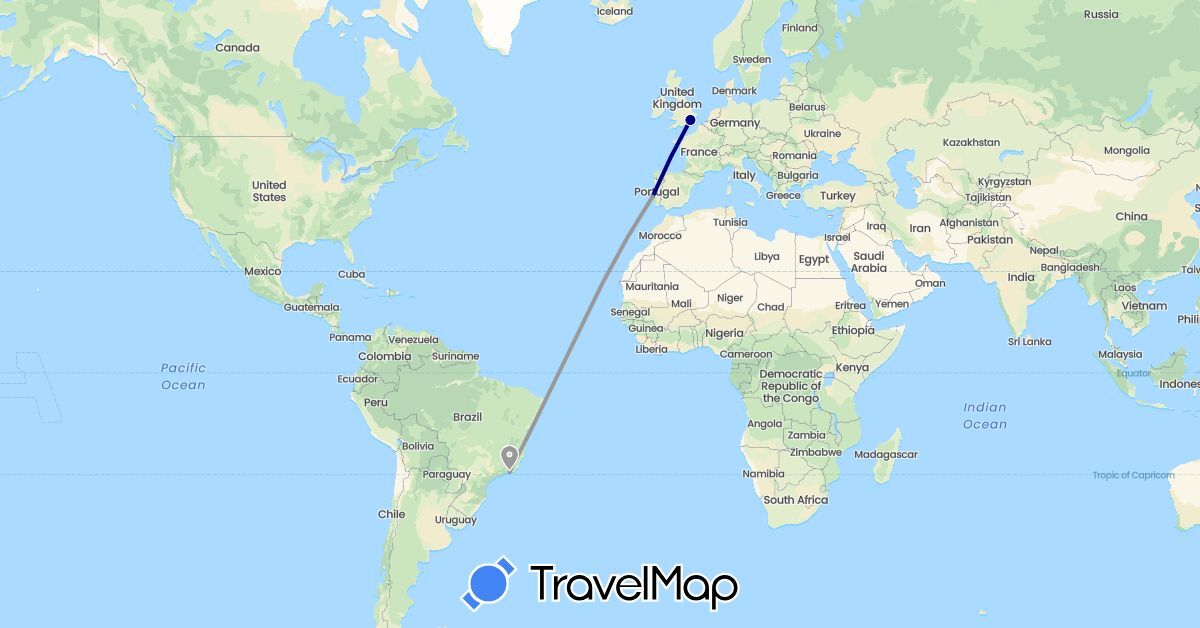 TravelMap itinerary: driving, plane in Brazil, United Kingdom, Portugal (Europe, South America)